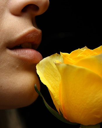 Woman smelling yellow rose
